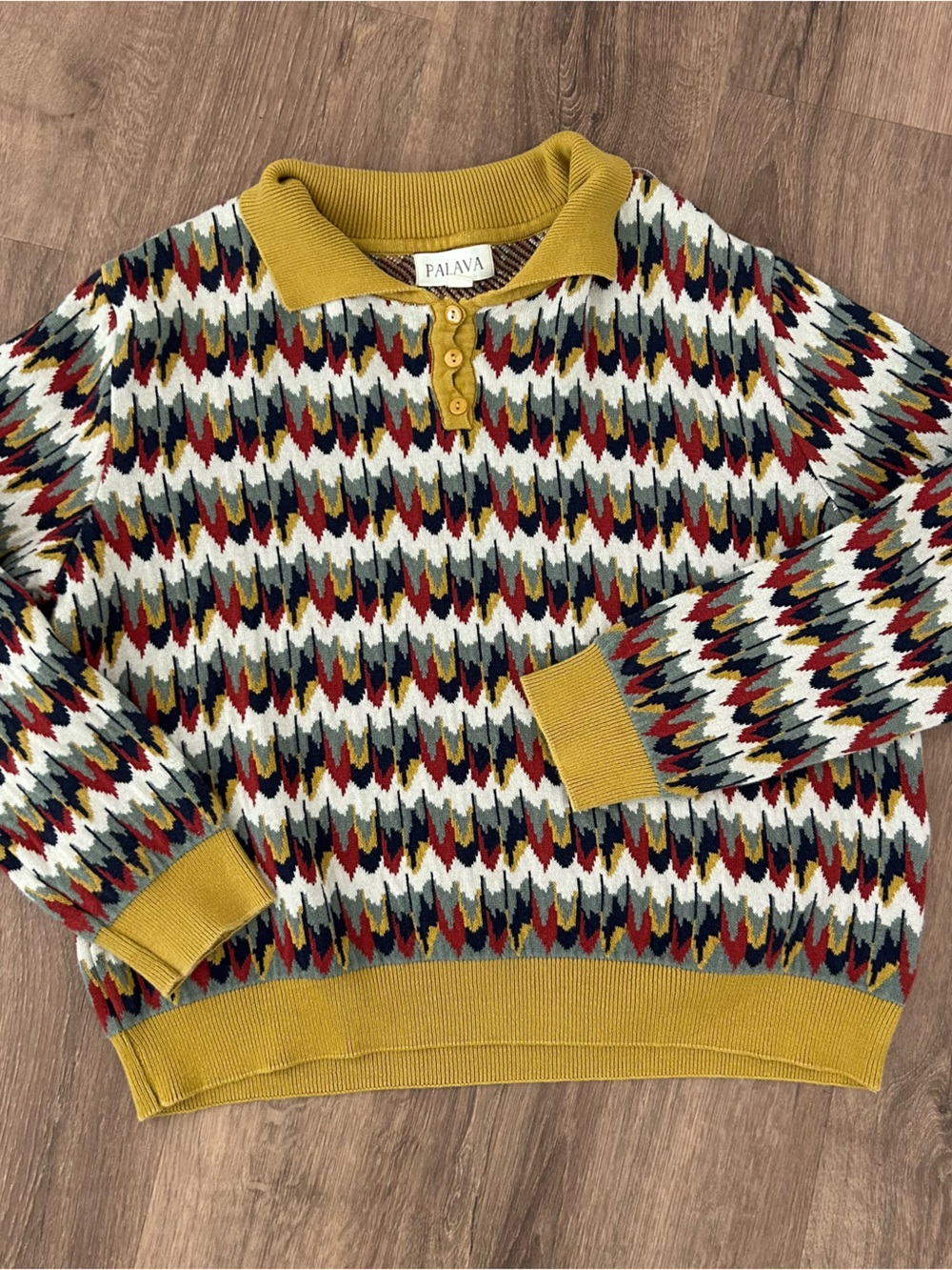 Palava Marbled Feathers Jacquard Organic Cotton Knit Top Size L Mustard Retro